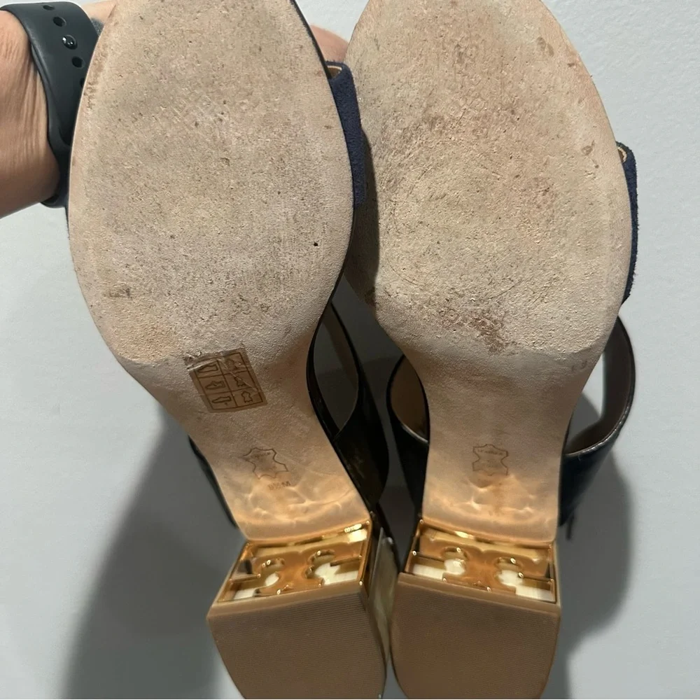 Tory Burch Gigi T Logo Black Midnight Blue Leather Sandal Size 9.5
